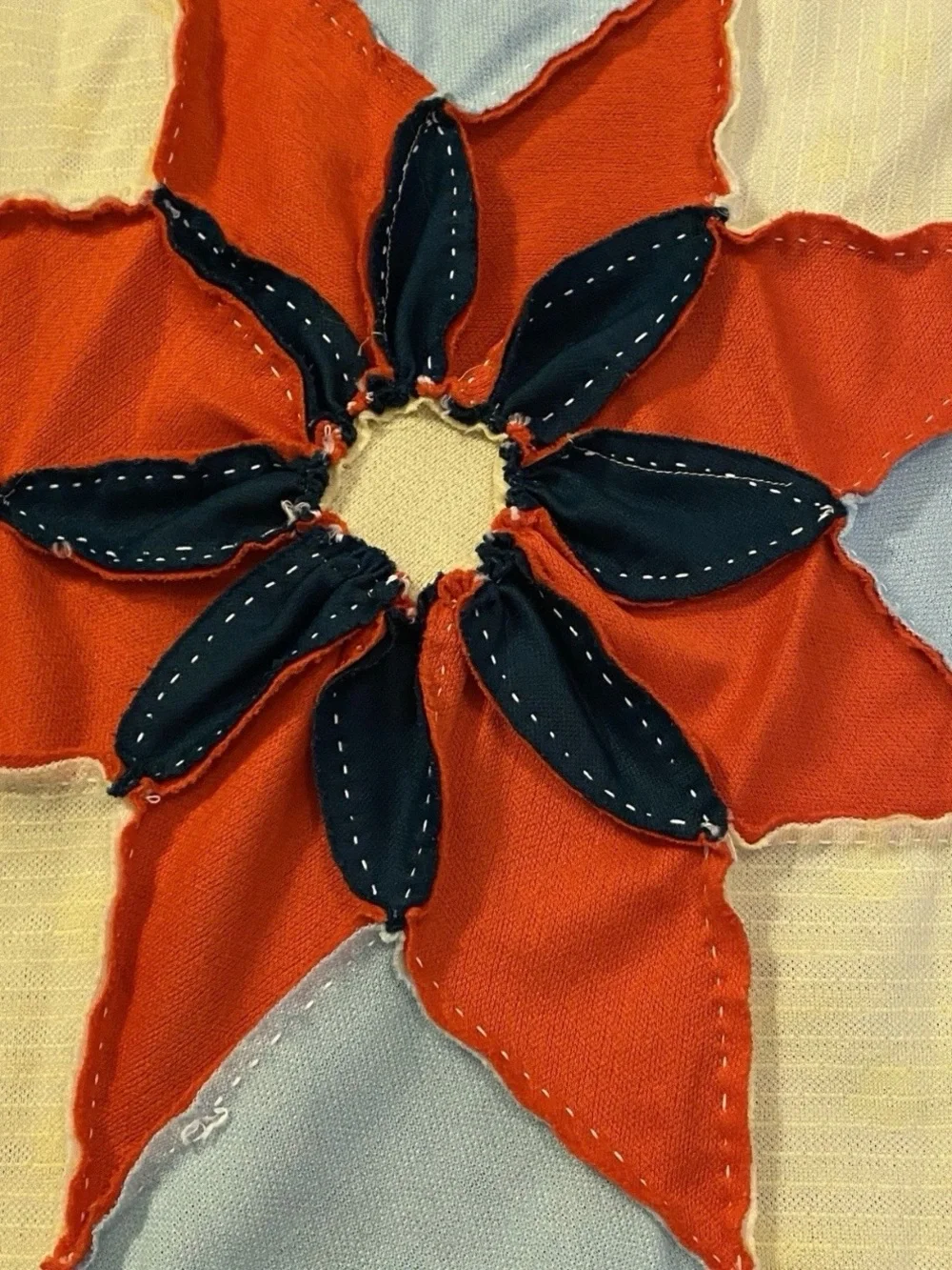 Vtg 70s Polyester Quilt Topper 87x87 Hand Stitched Dahlia Star Flower Retro